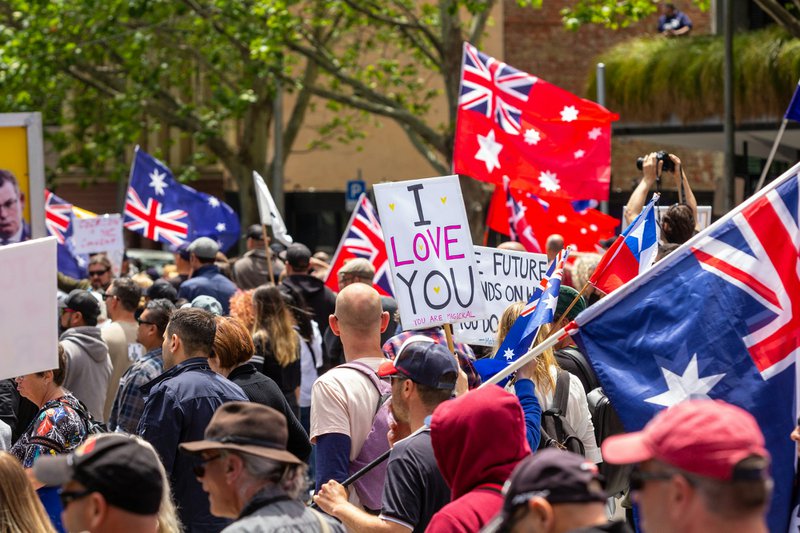 a crowd of people holding flags and signs