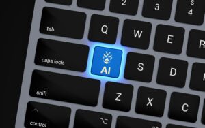 a computer keyboard with a blue light on it