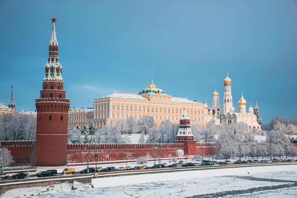 Moscow's kremlin stands tall on a snowy winter day.