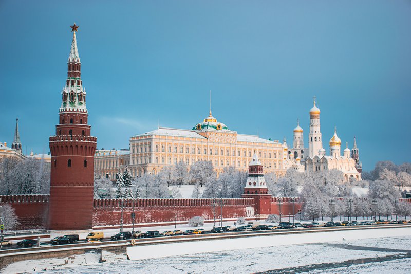 Moscow's kremlin stands tall on a snowy winter day.