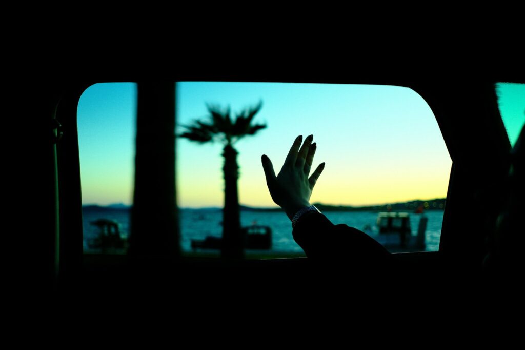 Hand reaching out window towards a sunset and palm tree.