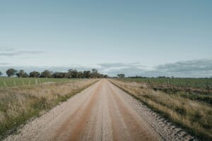 brown dirt road between green grass field under blue sky during daytime