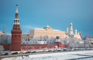 Moscow's kremlin stands tall on a snowy winter day.