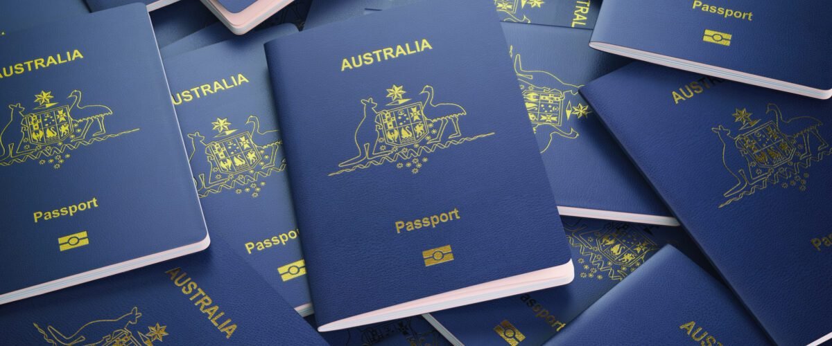 Passports of Australia background. Immigration or travel concept. Pile of australian passports. 3d illustration