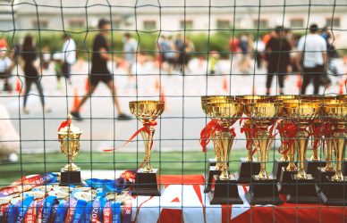 red and gold trophy on blue and red table
