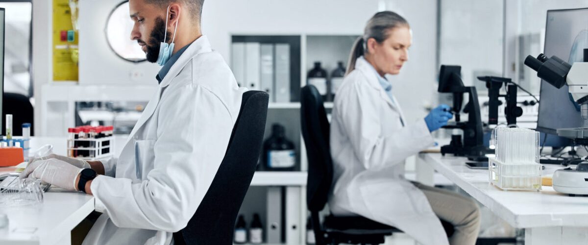 Science, covid innovation and scientist people working in research biotechnology laboratory. Divers.